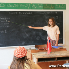 School girls, Memory Lane Heritage Village, Museum in Lake Charlotte, Nova Scotia, Canada