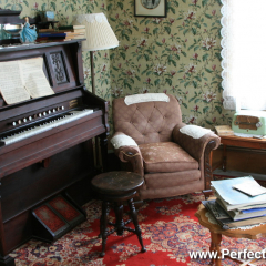 Living room organ, Memory Lane Heritage Village, Museum in Lake Charlotte, Nova Scotia, Canada