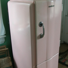 pink refrigerator, Memory Lane Heritage Village, Museum in Lake Charlotte, Nova Scotia, Canada