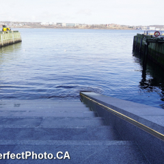 Muir Hotel Courtyard, and ocean stairway, Spring Equinox, Waterfront, Halifax, Nova Scotia, Canada