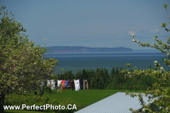 Clothes on the line, View of Blomidon across the basin, Cobequid Bay, Minas Basin, Hants County, Nova Scotia, Canada