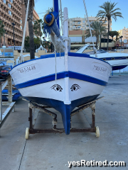 Two eyes, Greek boat, Fuengirola, Malaga, Spain, Winter 2024Fuengirola, Malaga, Spain, Winter 2024