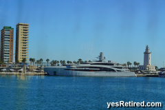 Mega yacht, Waterfront promenade, Malaga, Spain 2024; E250Million