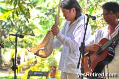 Horse bones,Tajin band music, Babel restaurant, Puerto Vallarta, Jalisco, Mexico; Harp, pan flute, horse bones, violin, box drum
