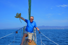 Rob, on the bow with hat, Day sailing, Ada Sailing, Brewer 78 Ketch, Puerto Vallarta, Jalisco, MexicoPuerto Vallarta, Jalisco, Mexico