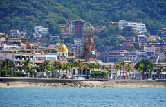 Crown church, Shoreline from sea, Day sailing, Ada Sailing, Brewer 78 Ketch, Puerto Vallarta, Jalisco, MexicoPuerto Vallarta, Jalisco, Mexico