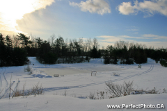 Outdoor hockey rink, ice skating, Winter wonderland, Enfield area, East Hants, Nova Scotia, Canada, North America; white, snow, snowman, snow people, snow play, rural